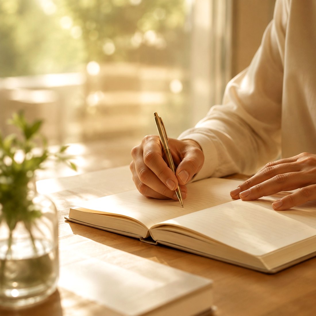 Hands writing in a notebook at a sunlit table