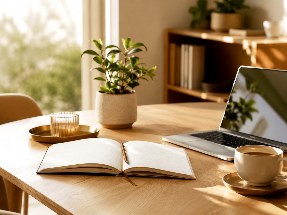A calm, sunlit workspace with a notebook, laptop and coffee