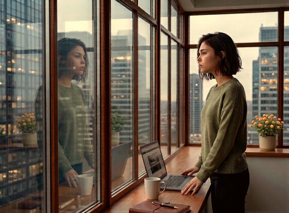 A woman gazing out a rainy window, lost in thought