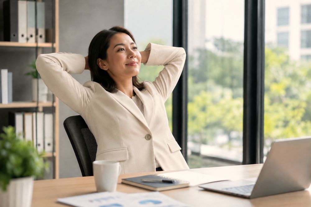 A woman looking out with a calm, satisfied expression